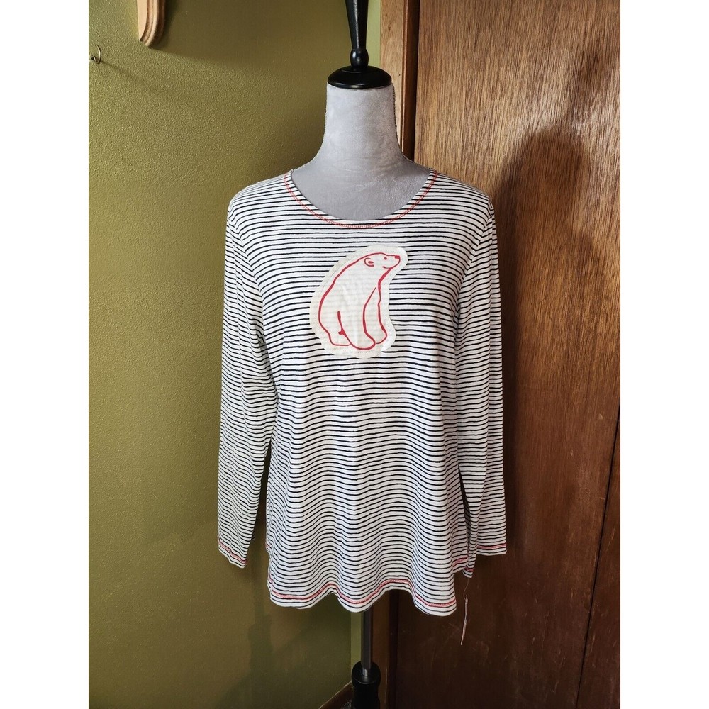 Hue XL NWT Long Sleeve Tee White Black Stripe Polar Bear Red Accent B#4